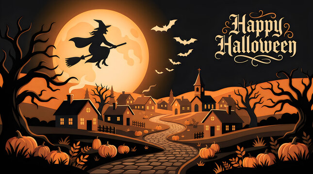 Witch flying on a broomstick over a spooky village at night with a large full moon background isolated on transparent background, Vector