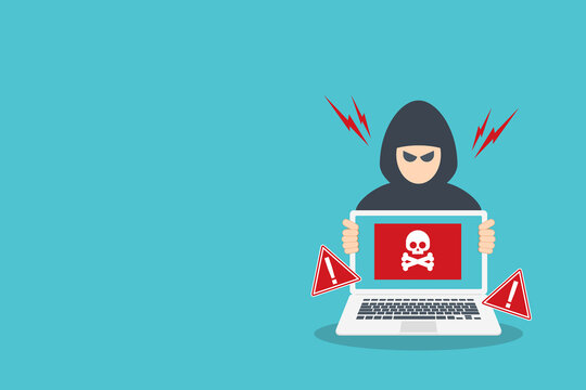 Hacker Cybersecurity Threat with Laptop and Warning Symbols
