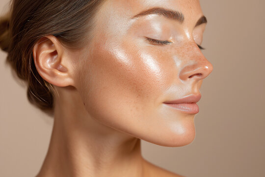 Glowing hydrated skin close up luminous cheek hydration glow smooth complexion natural freckle