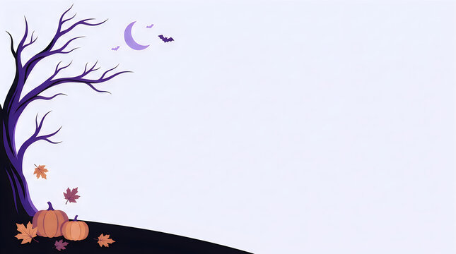 Halloween background with spooky tree pumpkins bats and crescent moon in purple and orange colors isolated on transparent background, Vector