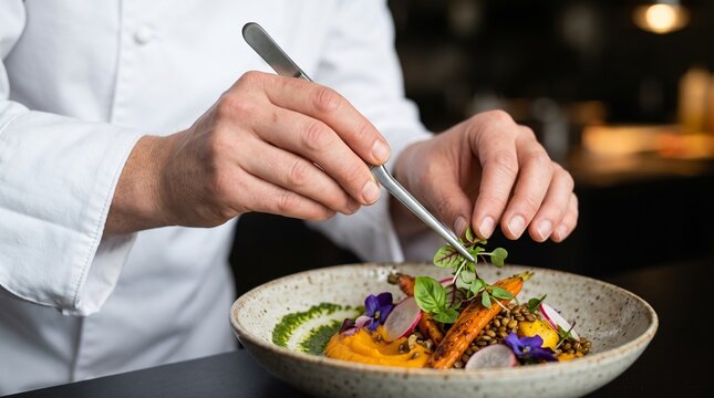 Professional chef garnishing gourmet dish with tweezers in restaurant kitchen.