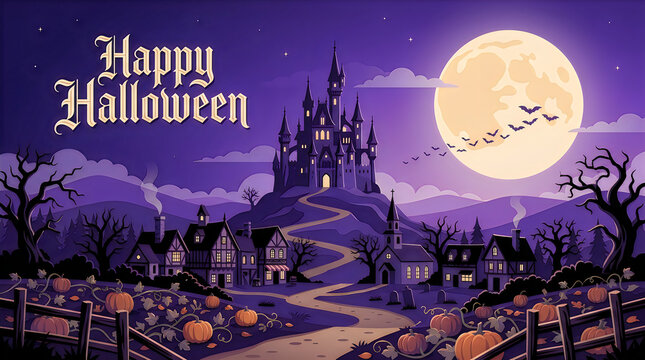 Happy halloween greeting with a spooky haunted castle and a full moon in the night sky isolated on transparent background, Vector