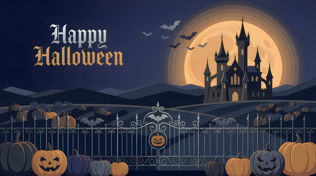 Happy halloween greeting card with a spooky castle and pumpkins under a large full moon night isolated on transparent background, Vector