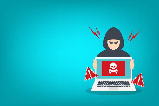 Data Breach Warning with Hacker and Laptop Cybersecurity Threat