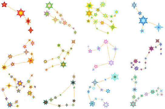 A collection of 12 hand-drawn zodiac constellation.