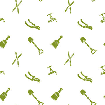 Seamless pattern with green garden tools and outline elements