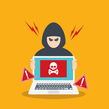 Business Cybersecurity Threat with Hacker Laptop and Security Warning