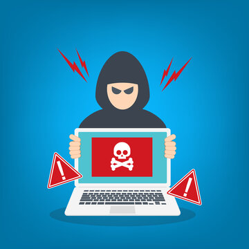 Online Fraud and Identity Theft Warning with Hacker and Laptop