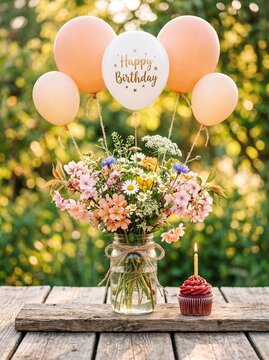 A festive birthday arrangement featuring a rustic mason jar filled with a colorful wildflower bouquet, topped with peach-colored balloons and a single cupcake with a candle on a wooden table.