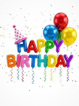 A festive Happy Birthday sign made of colorful metallic foil balloons with a party hat and confetti on a white background