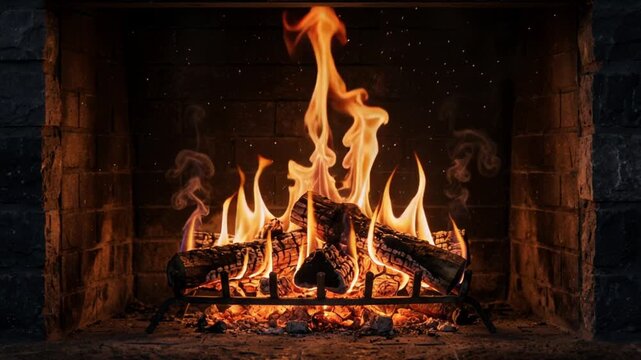 Cozy fireplace with burning logs and orange flames. Warm hearth fire in stone chimney. Cinematic indoor bonfire for winter comfort.