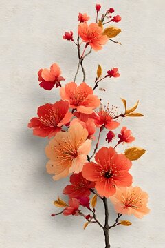 Premium fine art poster of autumn cherry blossoms, layered coral, apricot, burnt orange and gold petals, delicate botanical branches.