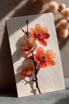 Japanese-inspired autumn sakura branches with warm coral and orange blossoms, flowing botanical composition, soft ivory background.