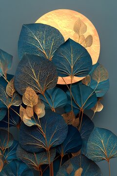 Elegant midnight botanical illustration, graceful tree branches with shimmering gold leaves, rich navy and indigo gradient background.