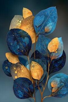 Museum-quality botanical illustration featuring elegant moonlit branches, gold foil foliage, deep navy blue night background.