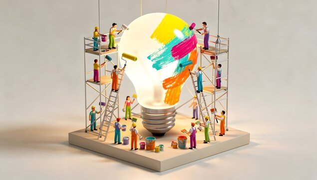 3D miniature diorama of giant glowing lightbulb painted by tiny figures on scaffolds