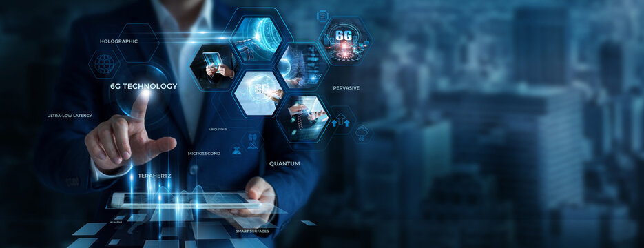 Businessman Using Tablet for Analyzing 6G Technology Data. Exploring next generation networks, optimizing intelligent connectivity, enhancing wireless innovation