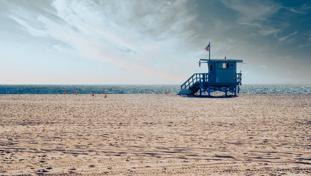 Lifeguard station on the beach, Santa Monica, California.