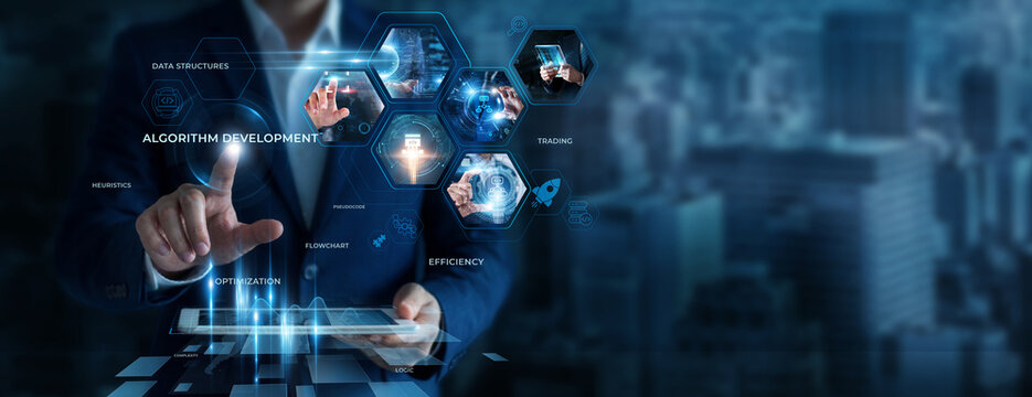 Businessman Using Tablet for Analyzing Algorithm development Data. Creating computational solutions, improving data processing methods, optimizing software performance
