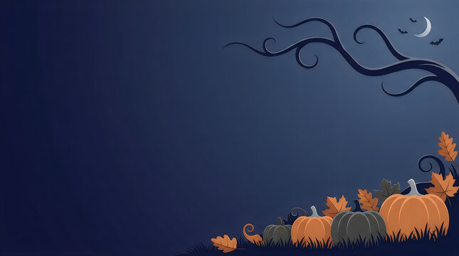 Halloween pumpkins with dry autumn leaves and a spooky tree under a crescent moon at night isolated on transparent background, Vector