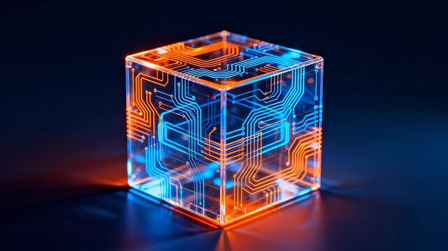 Transparent cube with glowing circuitry