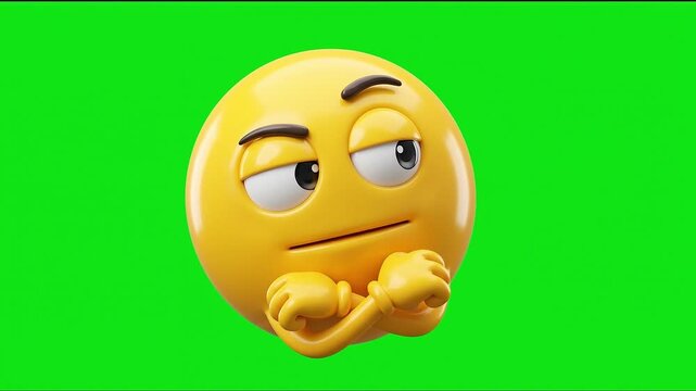 3D skeptical emoji character crossing arms and blinking on green screen background.