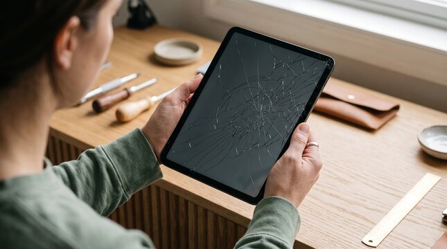 Woman holding a tablet with a cracked broken screen at a wooden repair desk.