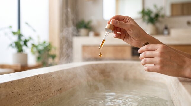 Woman dripping essential oil with dropper into steaming hot bathtub.
