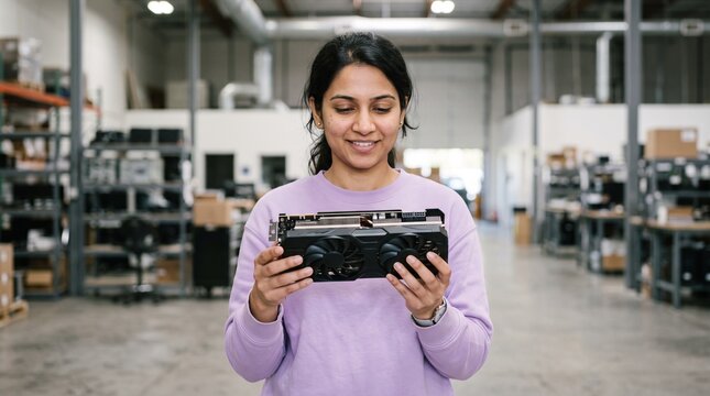 Young Indian female engineer holding a graphics card in a tech warehouse.