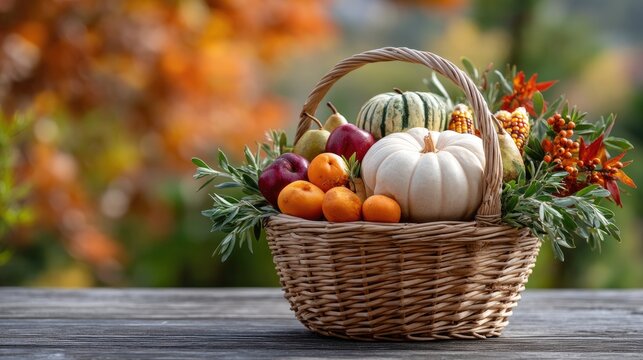 Baskets filled with autumn fruits and vegetables on a wooden table with warm colors in the background