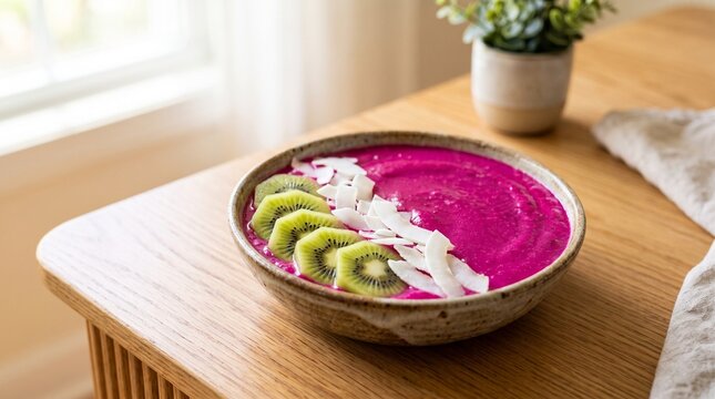 Vibrant pitaya smoothie bowl with sliced kiwi and coconut flakes on a wooden table.