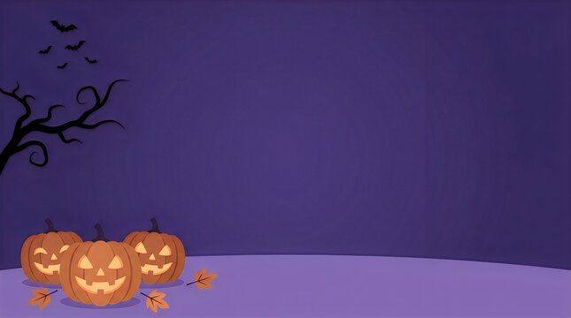 Three glowing halloween pumpkins with dry autumn leaves and a spooky tree on a purple background isolated on transparent background, Vector