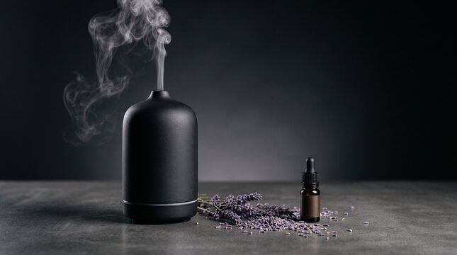 Ceramic essential oil diffuser emitting mist with lavender flowers and dropper bottle.