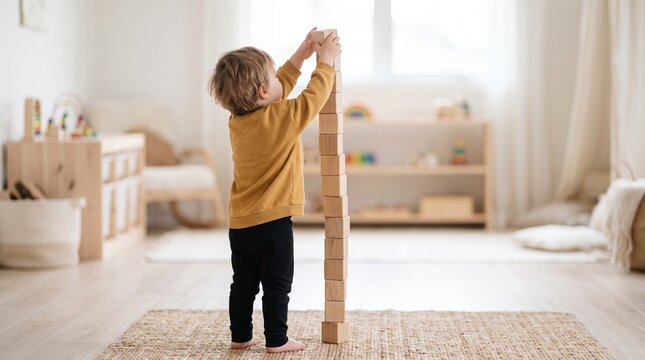 Toddler boy building a tall tower of wooden blocks in a bright playroom.