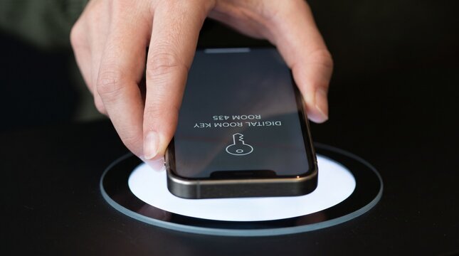 Guest holding smartphone with digital room key over sensor reader.