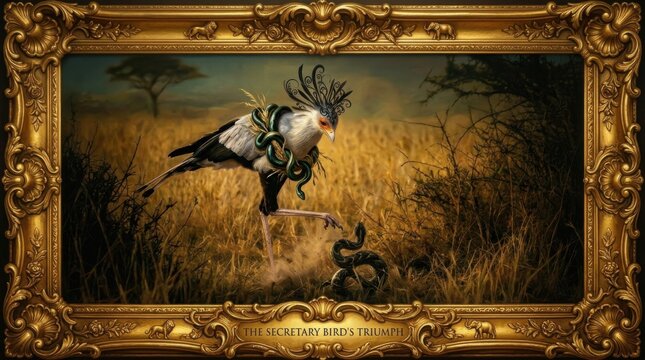 Vintage Secretary Bird Hunting Snake in Ornate Wildlife Frame