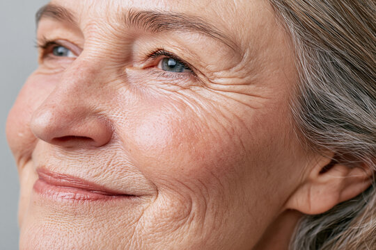 Elderly Chilean woman closeup portrait showing glowing cheek, soft smile, blue eye and natural wrinkles conveying warmth and resilience in premium macro beauty image