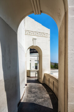Arched corridor at Griffith Observatory overlooking Los Angeles, California, USA