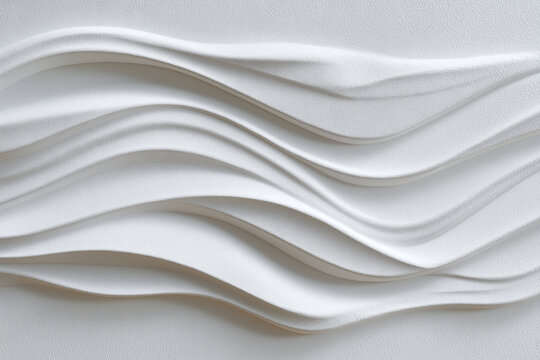 White sculpted plaster wave wall panel with layered flowing folds and soft shadowing creating rhythmic texture and calm abstract relief