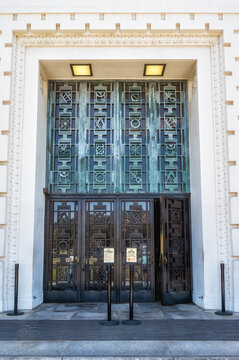 Green decorative door on the roof of the Griffith Observatory Los Angeles California.
