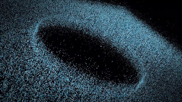 Futuristic blue-hued abstract particles with a swirling, circular pattern set against a pitch-black background.