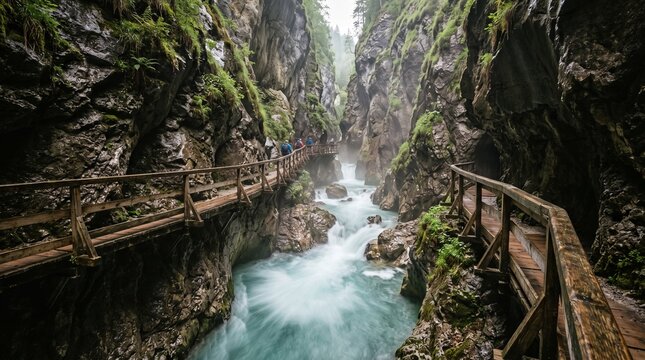 A scenic view looking through a narrow, moss-covered rocky canyon with a turquoise mountain stream flowing beneath rustic wooden hiking boardwalks winding along the steep cliff walls.
