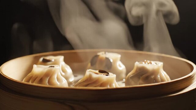 Smoked mushroom dumplings inside a traditional bamboo steamer basket with rising hot steam, cinematic dark lighting, close-up shot of pleated Chinese dim sum food appetizer.