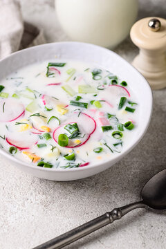 Okroshka traditional summer Russian cold soup with radish and ayran
