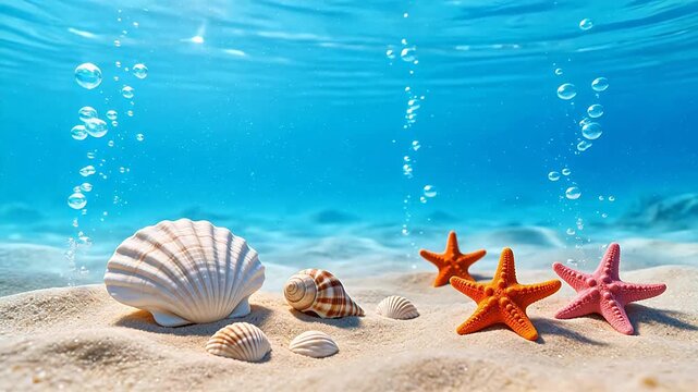 Underwater shells and starfish on sand