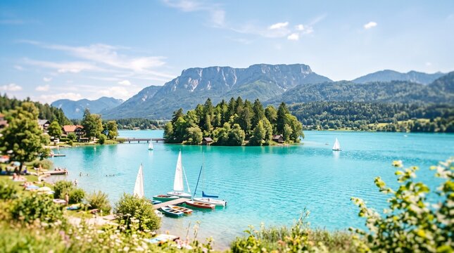 Stunning panoramic view of a turquoise alpine lake with a small lush island, sailboats docked at a wooden pier, and majestic mountain peaks under a bright clear blue sky in Fuschlsee, Austria.