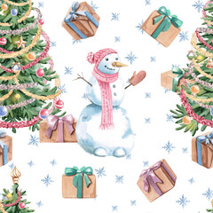 Obraz premium A seamless watercolor pattern featuring a snowman, Christmas trees, and gifts. Ideal for holiday textiles, children's products, printed materials, themed party decorations, and winter drink packaging.