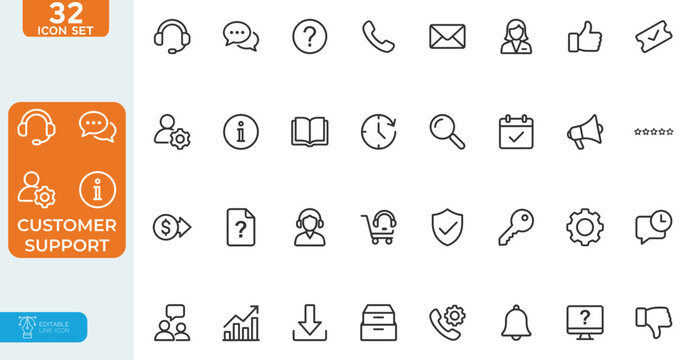 Info and customer support Vector illustration line editable Icons set. Containing information, help desks, call centers, support, assistance, technical support, faq and more. on white background.