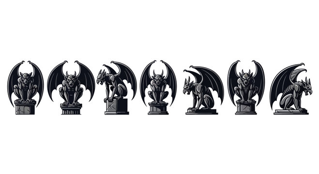 Gothic gargoyle statue collection, 7 dark stone demon sculptures with wings, mythical creature vector set for Halloween and fantasy design