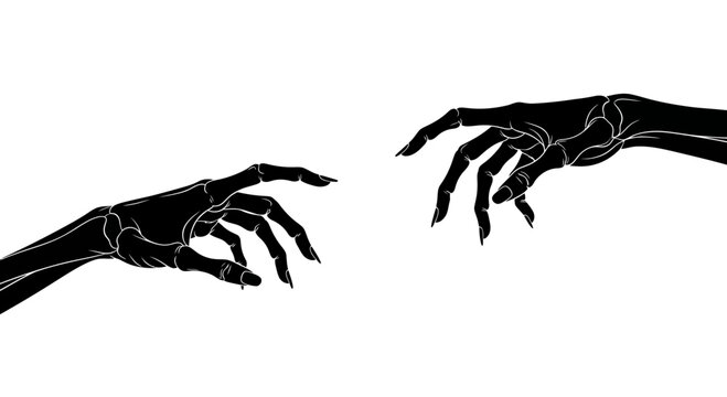 Gothic skeleton hands reaching, black bony fingers silhouette vector, macabre anatomical hand art for Halloween and dark aesthetic designs